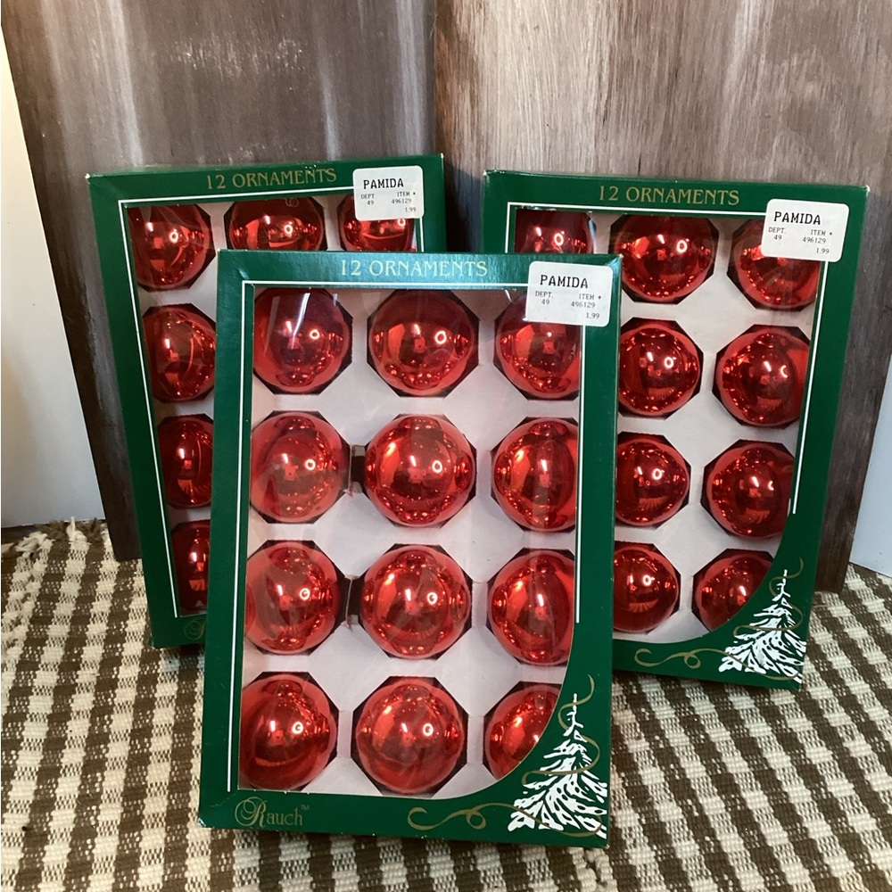 Vintage Shiny Red Glass Christmas Ornament Boxed Sets (36 Balls) Rauch Made USA